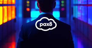 Person in a suit facing colorful illuminated screens with Pax8 logo in the center