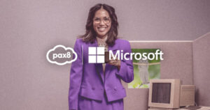 Pax8 and Microsoft with professional in a purple suit and old computer