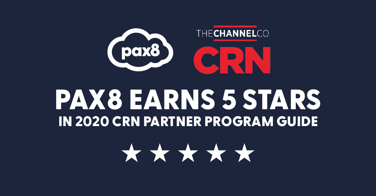 Pax8 and ChannelCo CRN logos with the words "Pax8 earns 5 stars in 2020 CRN Partner Programs Guide"